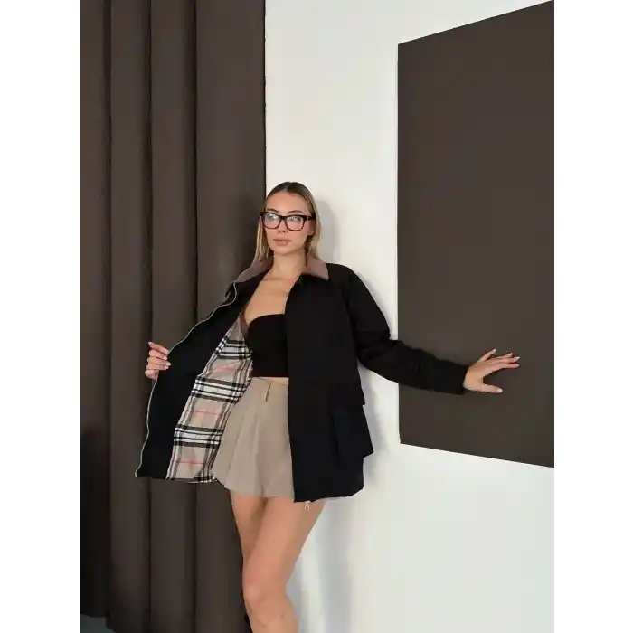 Astarlı yaka detaylı artos ceket siyah st2651019