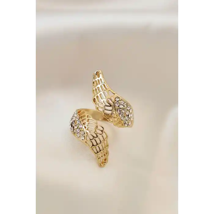 Ayarlamalı Gold Renk Metal Zirkon Taşlı Kanat Yüzük