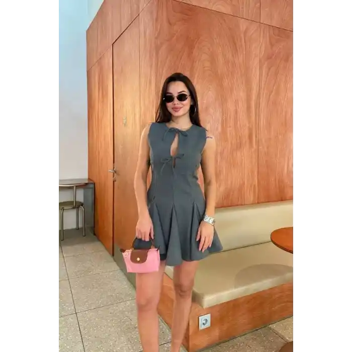 Bağcık detaylı Kolsuz Mini Elbise - Antrasit