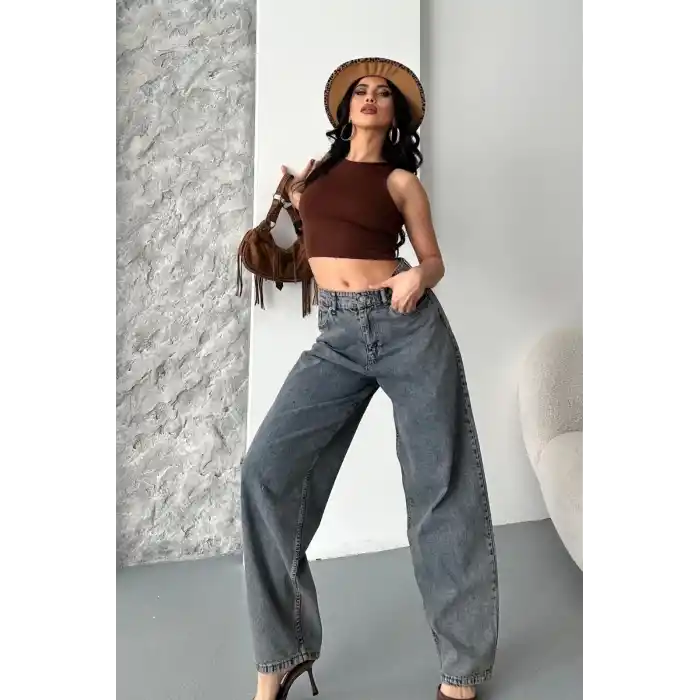 Baggy kar yıkama eskitme kahve jeans pantolon d2007