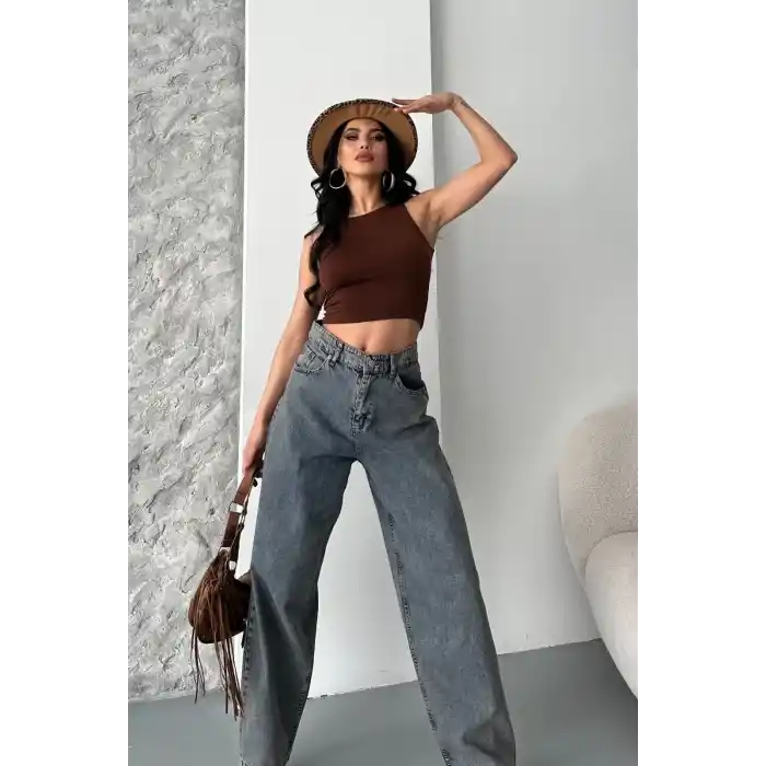 Baggy kar yıkama eskitme kahve jeans pantolon d2007