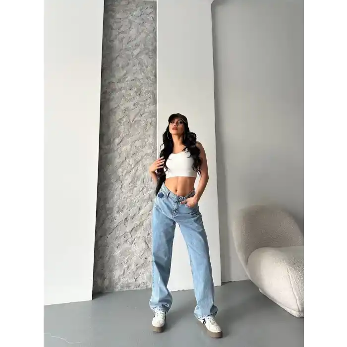 Baggy kar yıkama orta mavi jeans pantolon d2007