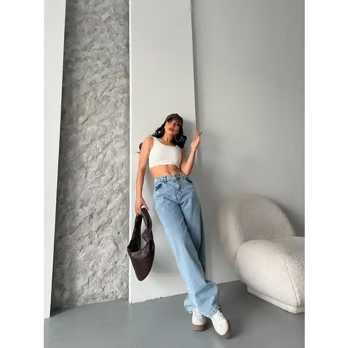 Baggy kar yıkama orta mavi jeans pantolon d2007