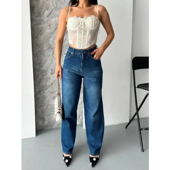 Baggy süper taş bıyık yıkama koyu mavi jeans pantolon d2007