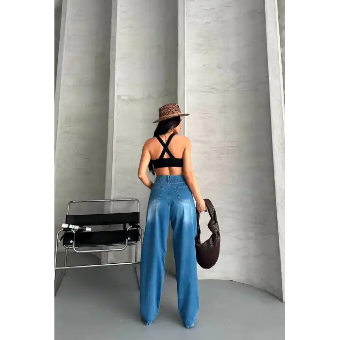 Baggy süper taş bıyık yıkama mavi jeans pantolon d2007