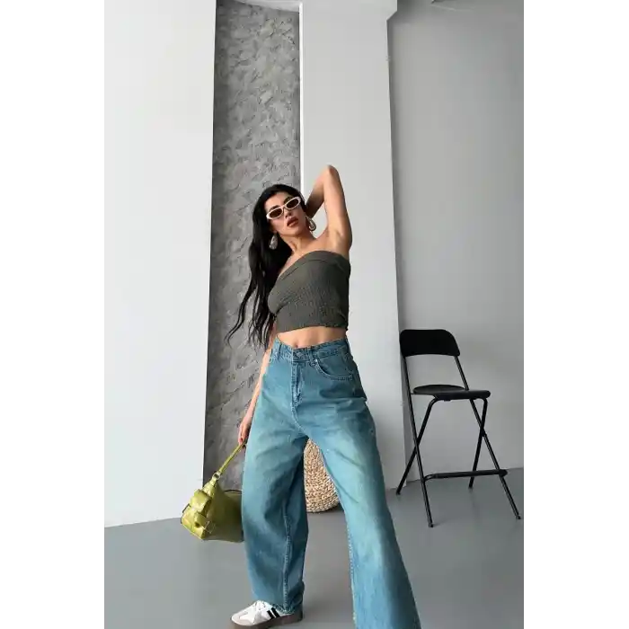 Baggy taş enzim bıyık yıkama jeans pantolon yeşil tint d2007