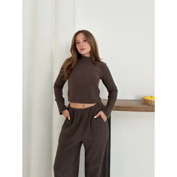 Balıkçı yaka örme takım kahve st265865