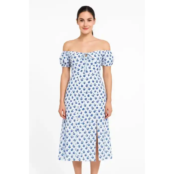 Bardot Omuzu Acık Çiçek Desenli Elbise - Desenli