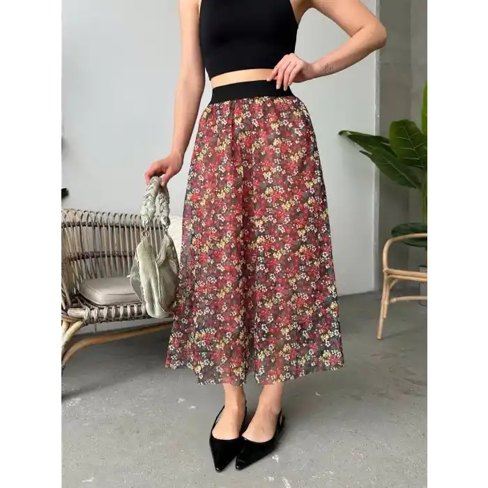 Baskılı astarlı uzun etek