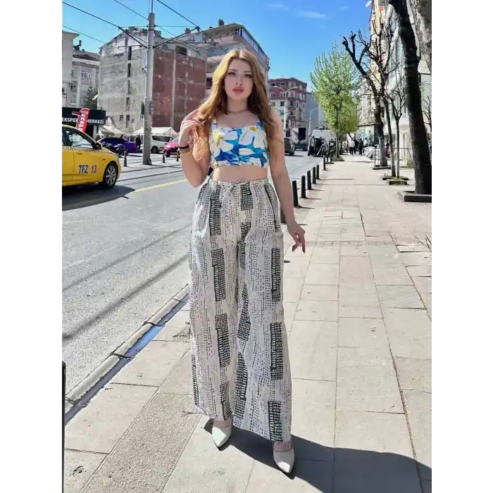 Baskılı Bağcıklı keten pantolon krem