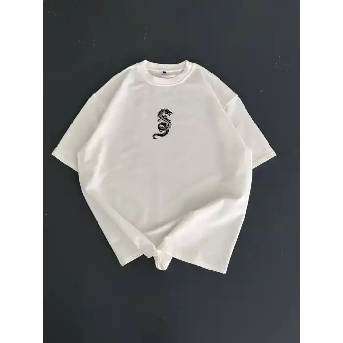 Baskılı Oversize Bisiklet Yaka T-shirt - Beyaz