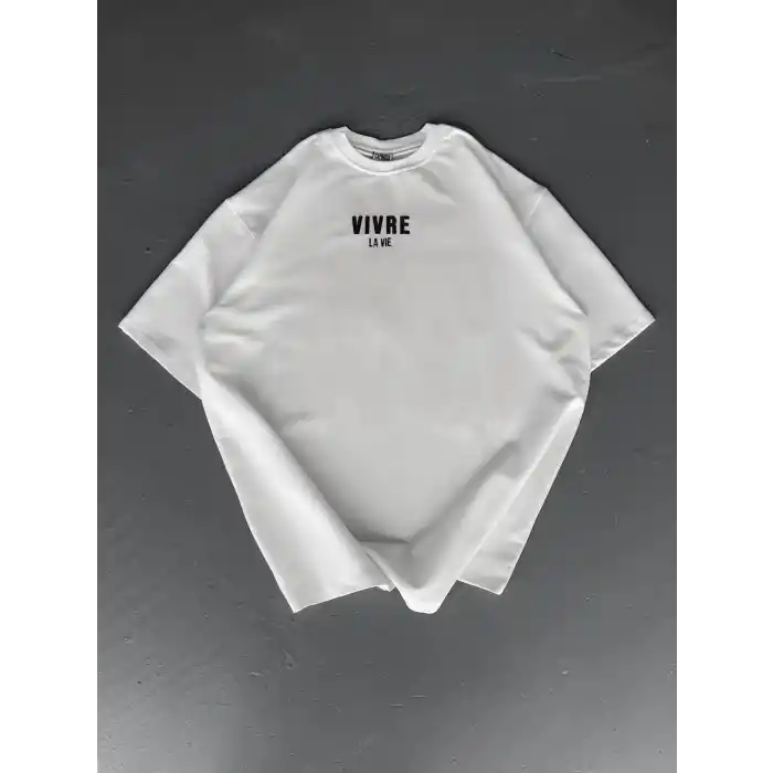 Baskılı Oversize Bisiklet Yaka T-shirt - Beyaz