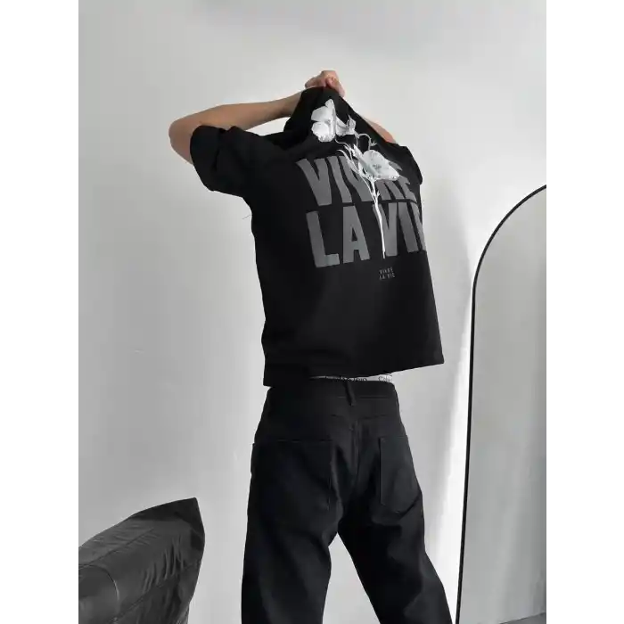 Baskılı Oversize Bisiklet Yaka T-shirt - Siyah