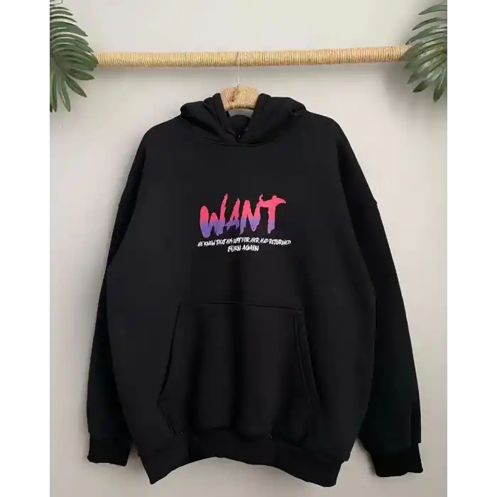 Baskılı Üç İplik Kapüşonlu Oversize Sweatshirt - Siyah