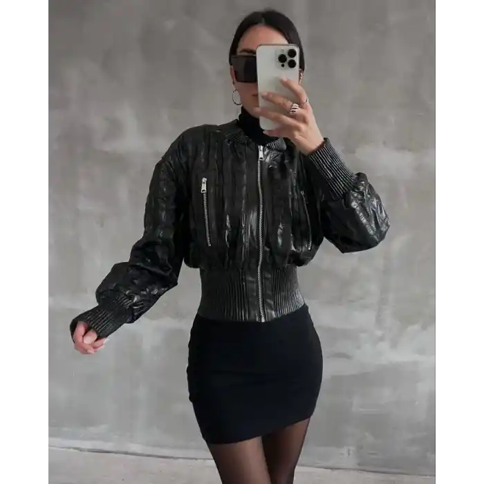 Beli büzgülü crop deri ceket siyah