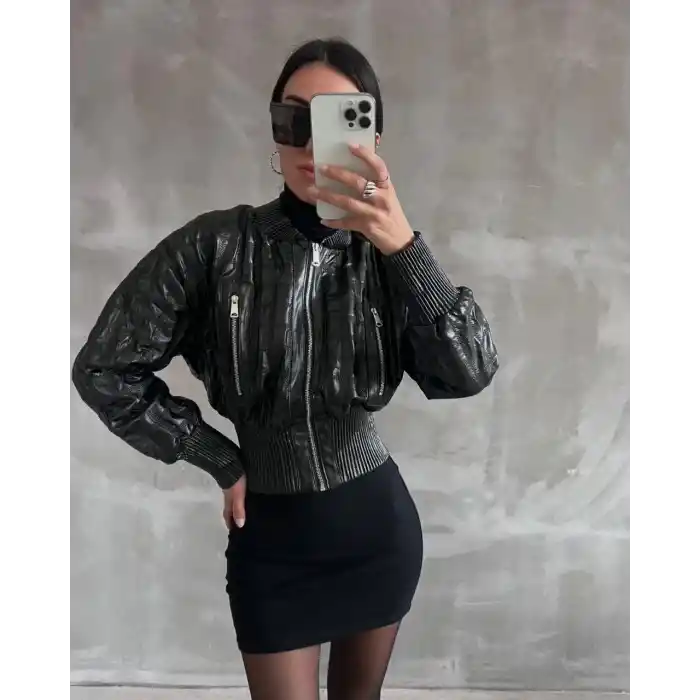Beli büzgülü crop deri ceket siyah