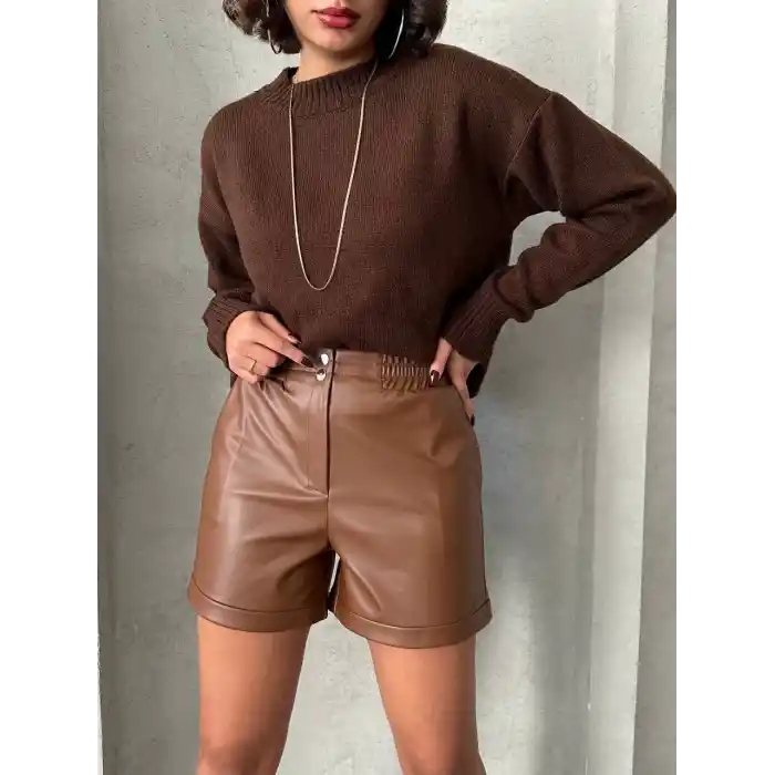 Beli lastikli çıtçıtlı deri şort kahve w241007