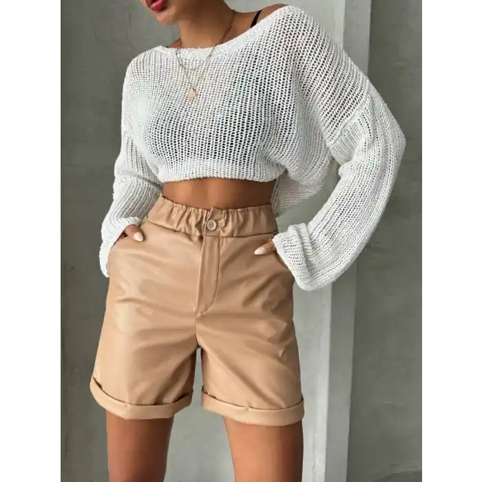 Beli lastikli duble paça deri şort bej w24755