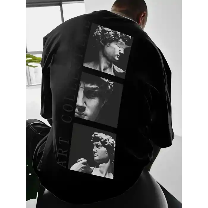 Benzersiz Sırt Baskılı Erkek Sokak Stili Bol Tişört - Nefes Alabilir Polyester, Makinede Yıkanabilir - Siyah