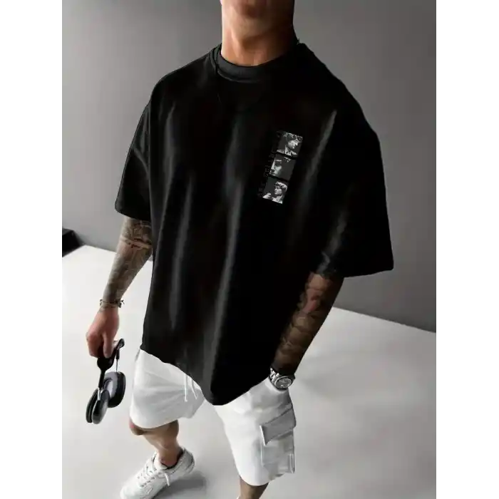 Benzersiz Sırt Baskılı Erkek Sokak Stili Bol Tişört - Nefes Alabilir Polyester, Makinede Yıkanabilir - Siyah