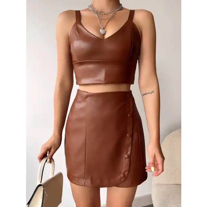 Beş düğmeli oval deri etek kahve h240068