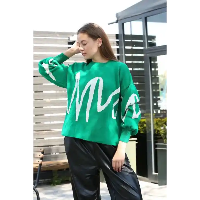 Beyaz çizgili bisiklet yaka kazak yeşil