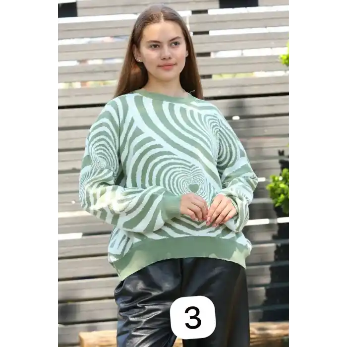 Beyaz kalp çizgili kazak mint