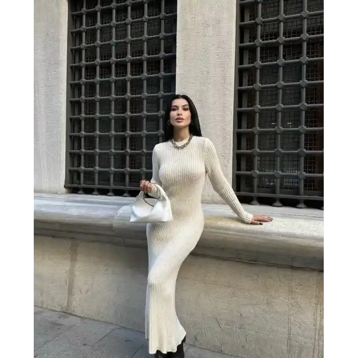 Bisiklet Yaka Fitilli Uzun Elbise - Beyaz