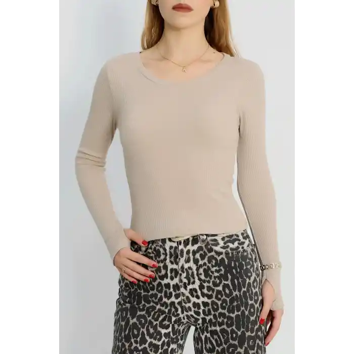 Bisiklet Yaka Parmak Geçmeli Kaşkorse bluz bej a3829