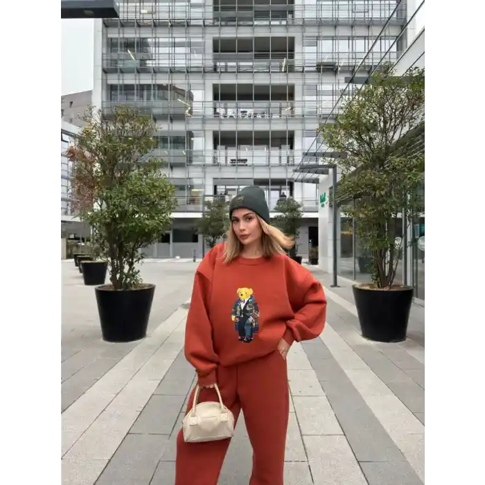 Bisiklet Yaka Üç İplik Sweat Takım - kiremit