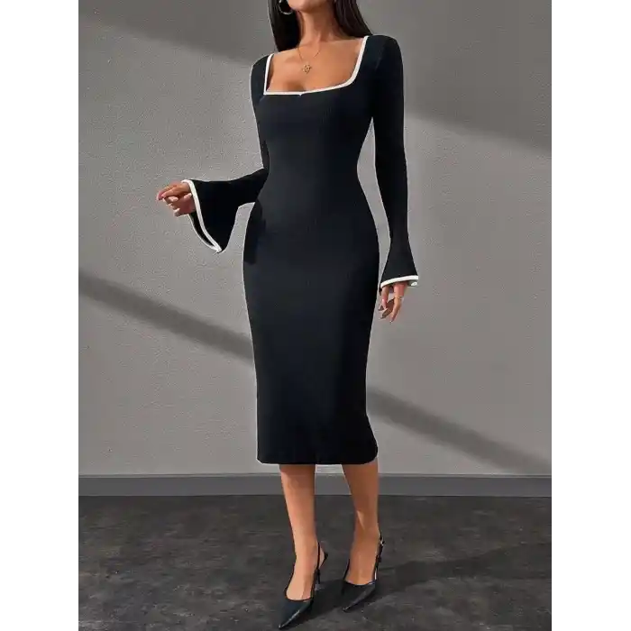 Biyeli midi boy elbise siyah A3718