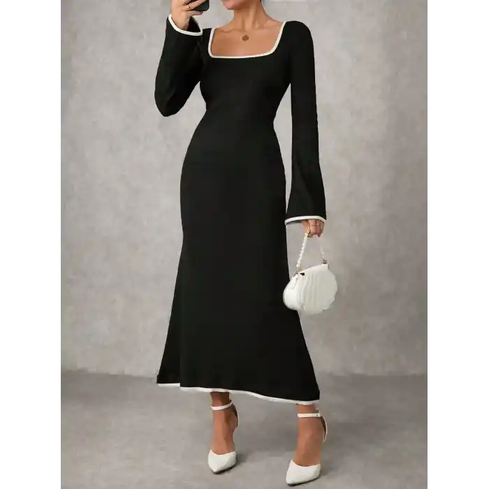 Biyeli uzun elbise siyah