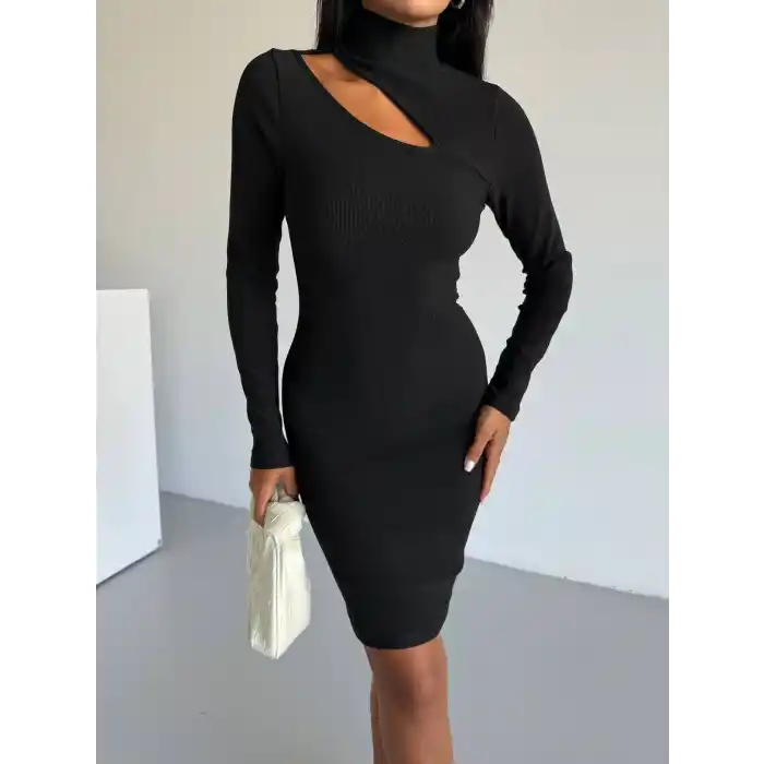 Boğazlı gögüs dekolteli elbise siyah f2333