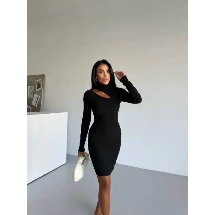 Boğazlı gögüs dekolteli elbise siyah f2333