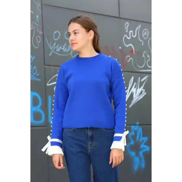 Boncuklu bile detaylı kazak saks mavisi