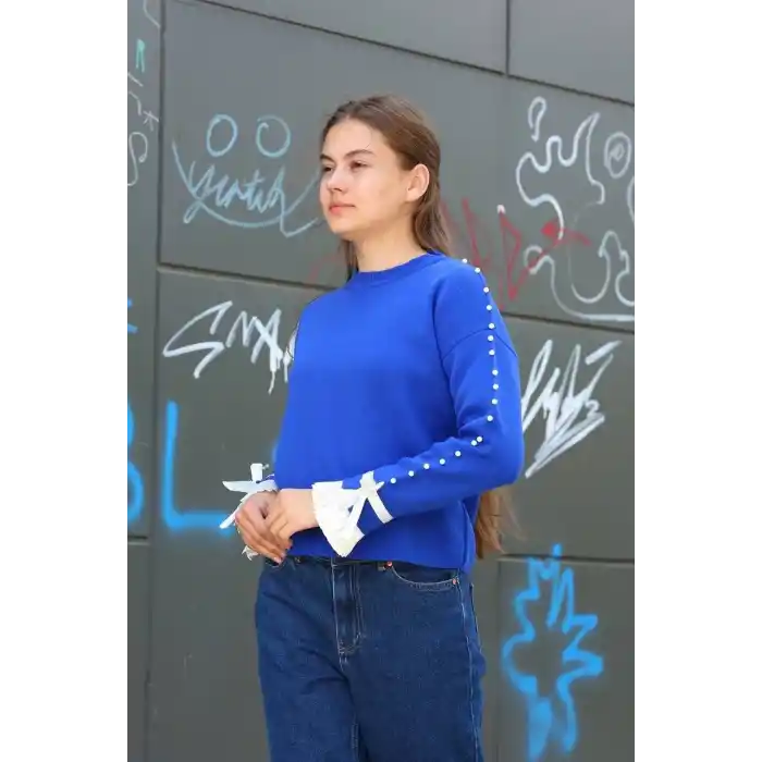 Boncuklu bile detaylı kazak saks mavisi