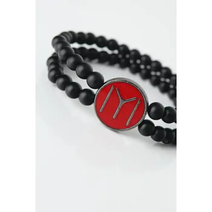 Bordo Renkli Metal Üzerine Füme Kayı Boyu Figürlü Siyah Renk Çift Sıra Doğal Taş Erkek Bileklik