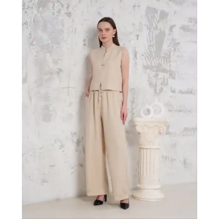 Broşlu yelek pantolon takım bej s255821