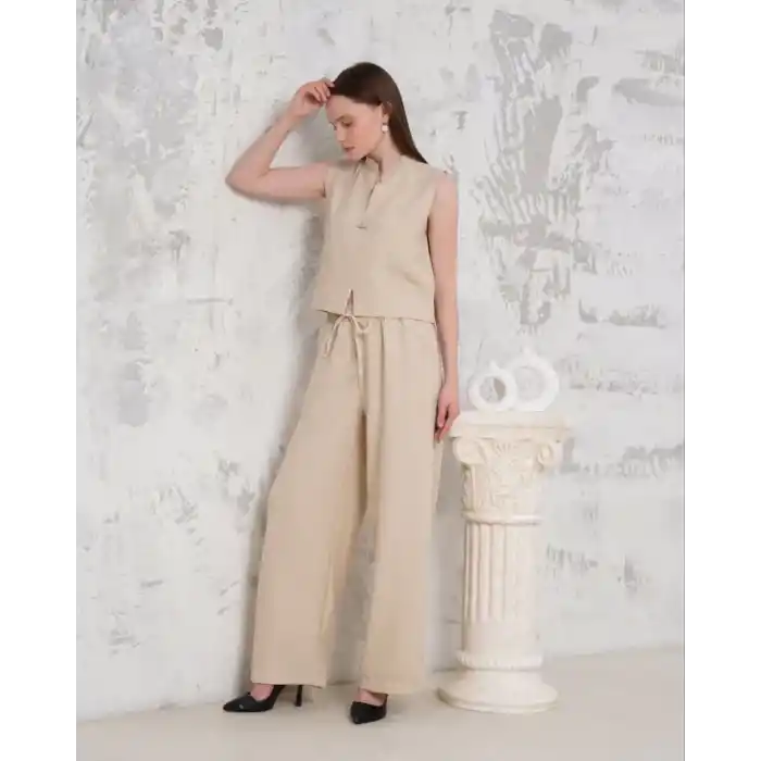 Broşlu yelek pantolon takım bej s255821