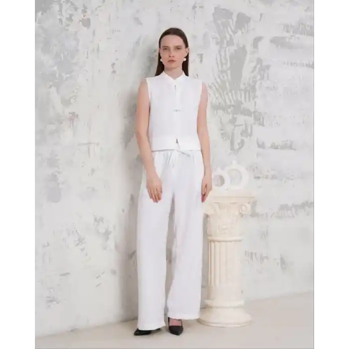 Broşlu yelek pantolon takım beyaz s255821