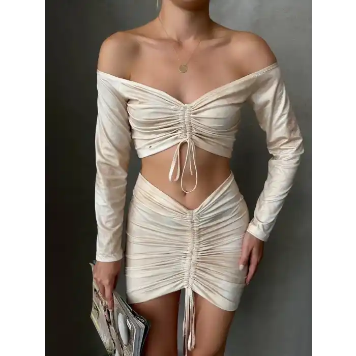 Büzgülü etek bluz takım bej s24709