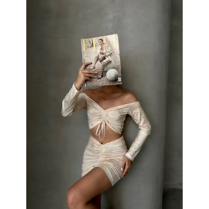 Büzgülü etek bluz takım bej s24709