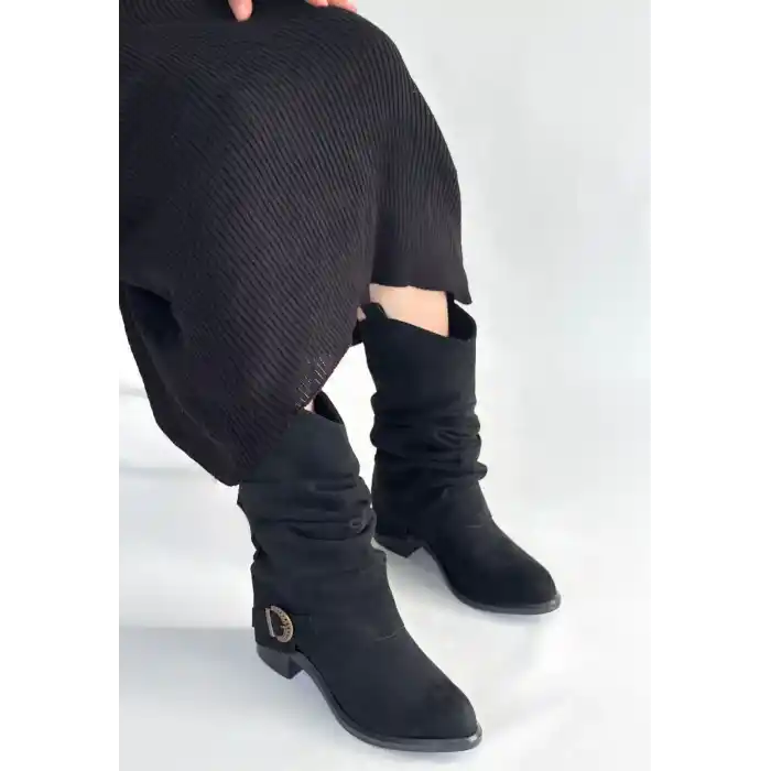 Canty Siyah Süet Körüklü Topuklu Çizme