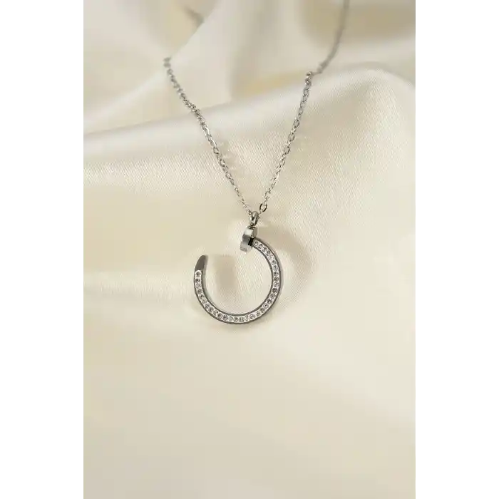Çelik Silver Renk Zirkon Taşlı Çivi Model Kadın Kolye