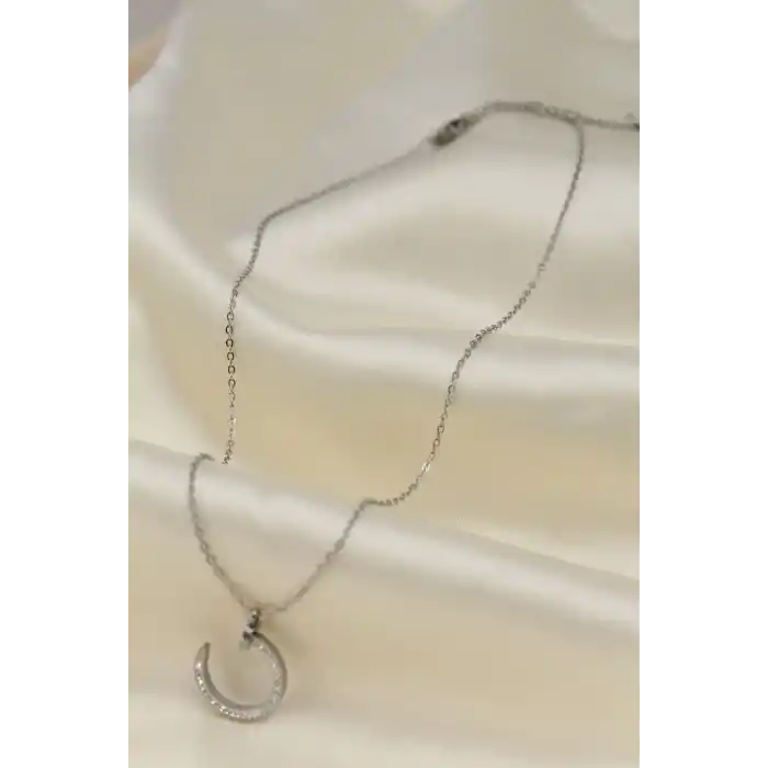 Çelik Silver Renk Zirkon Taşlı Çivi Model Kadın Kolye