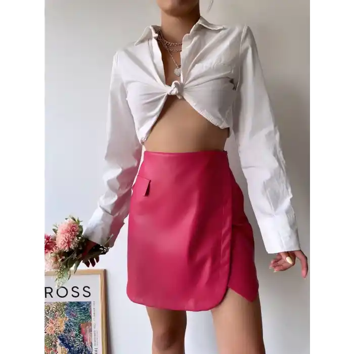 Cep detaylı oval kapaklı deri etek fuşya h240048