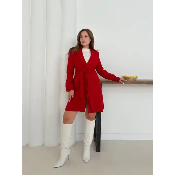 Cepli kuşaklı kaşe kaban kırmızı st26458
