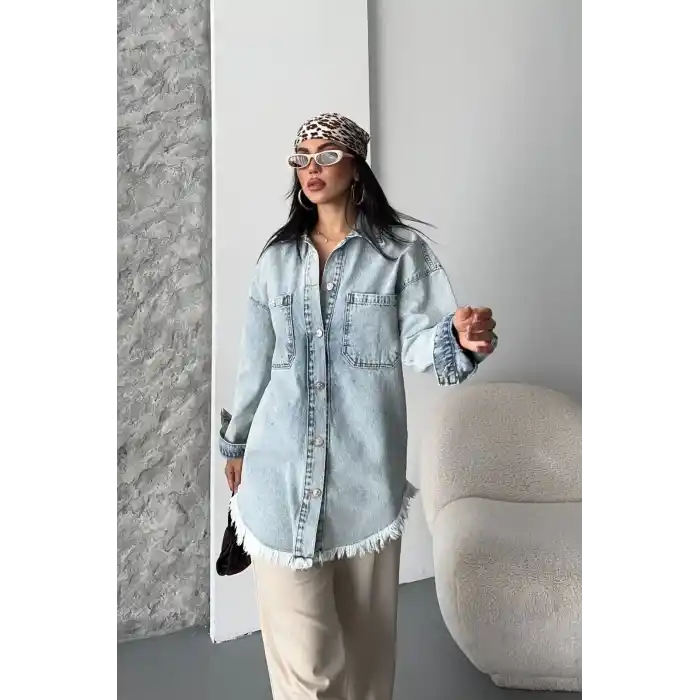 Cepli püsküllü kar yıkama kot ceket mavi d2515