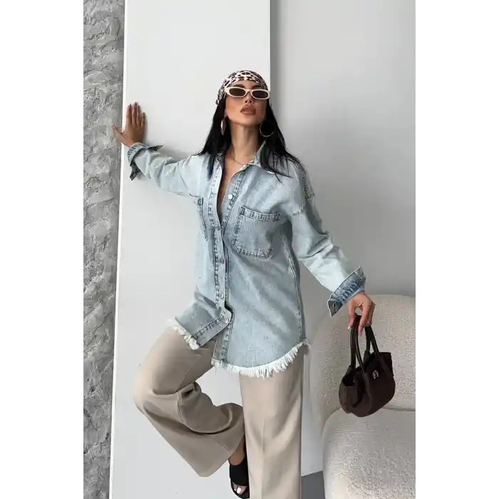 Cepli püsküllü kar yıkama kot ceket mavi d2515