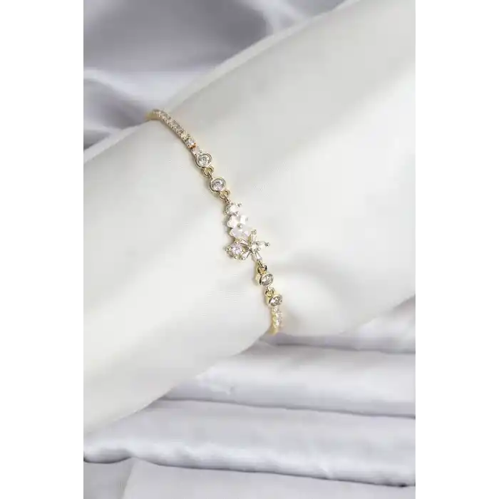 Çiçekli Model Zirkon Taşlı Gold Renk Su Yolu Kadın Bileklik